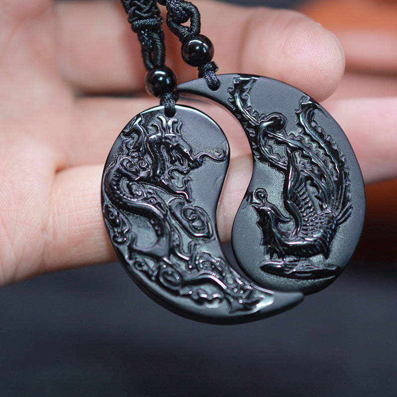 Obsidian Dragon Phoenix Pair Pendant For Lovers