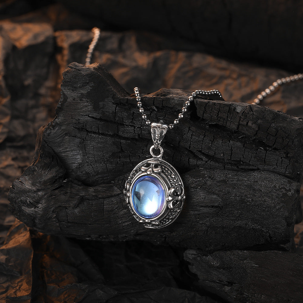 S925 Sterling Silver Vintage Cross Moonstone Necklace Women's High Sense Thailand Silver Pendant Personalized Jewelry