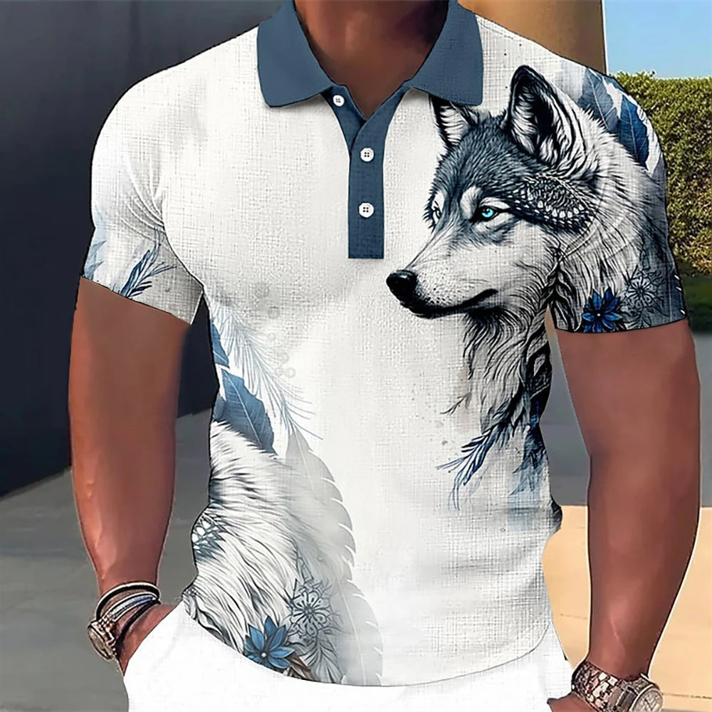 3D Wolf Printed Casual Short-sleeved Street Hip-hop T-shirt Breathable Pullover Men's Polo Shirt