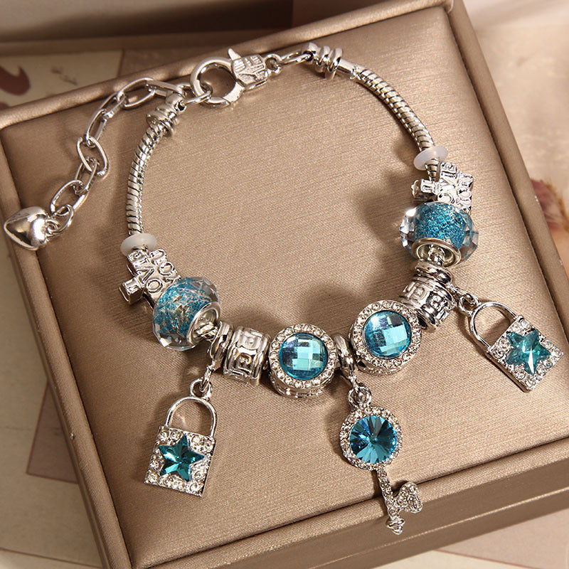 Mori Style Blue Glass Bead Key Lock Bracelet