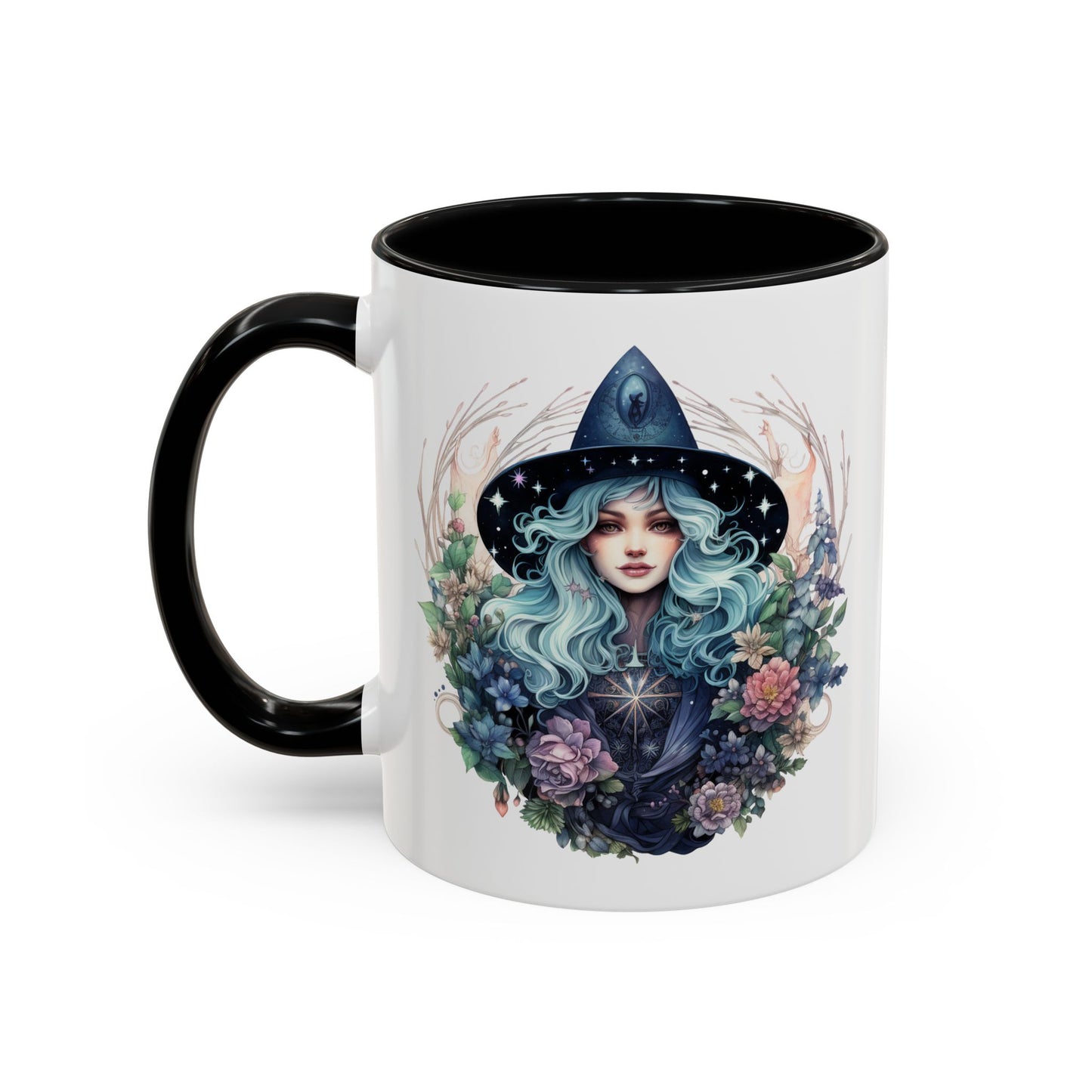 Mystical Floral Witch Coffee Mug with Accent, Gift for Witches, Unique Boho Kitchen Decor, Tea Lover's Mug, Magical Drinkware