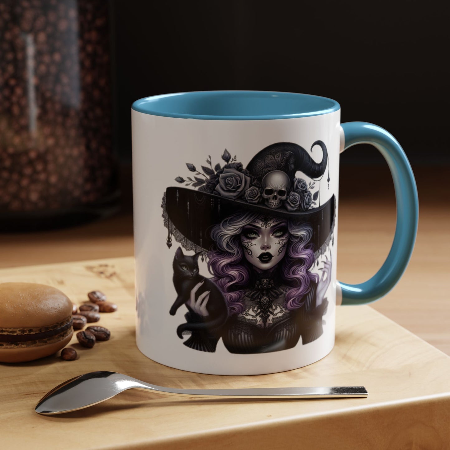 Witchy Accent Coffee Mug: Enchanting Black Cat & Skull Design, Spooky Gift for Halloween, Witchcraft Lover, Home Decor, Coffee Lover