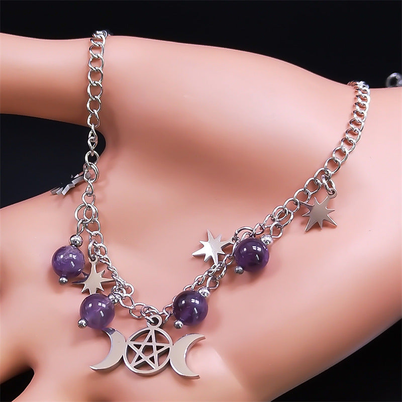 Triple Moon Goddess Five-pointed Star Necklace Stainless Steel