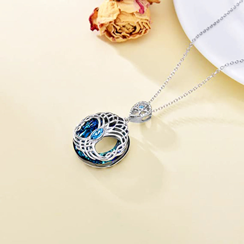 Celtic Tree Of Life Pendant Necklace Blue Circle Crystal Crann Bethadh Necklace