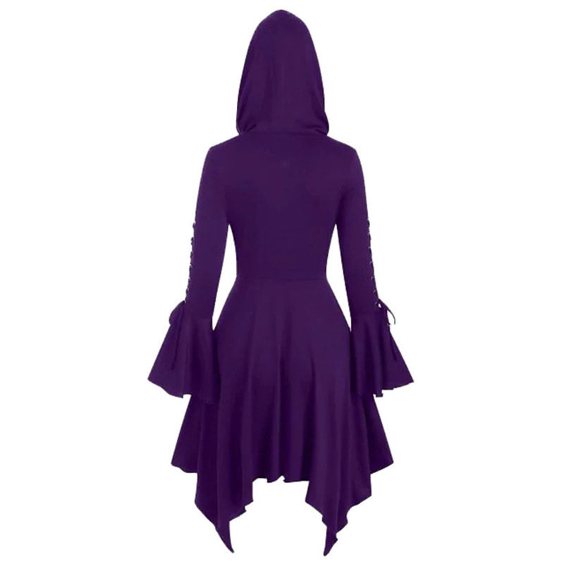 Vintage Female Gothic Hooded Dress Cloak Punk Witch Coat Lace Up Irregular Hem Lotus Sleeve