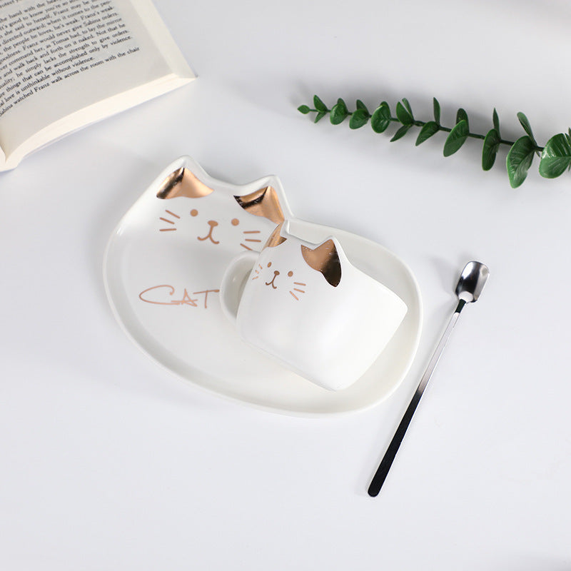 Dessin animé chat tasse et ensemble de vaisselle, tasse à café et tasse