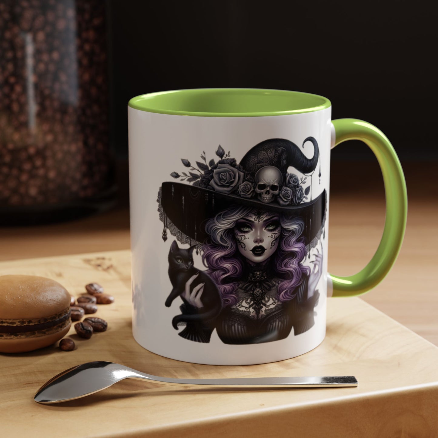 Witchy Accent Coffee Mug: Enchanting Black Cat & Skull Design, Spooky Gift for Halloween, Witchcraft Lover, Home Decor, Coffee Lover