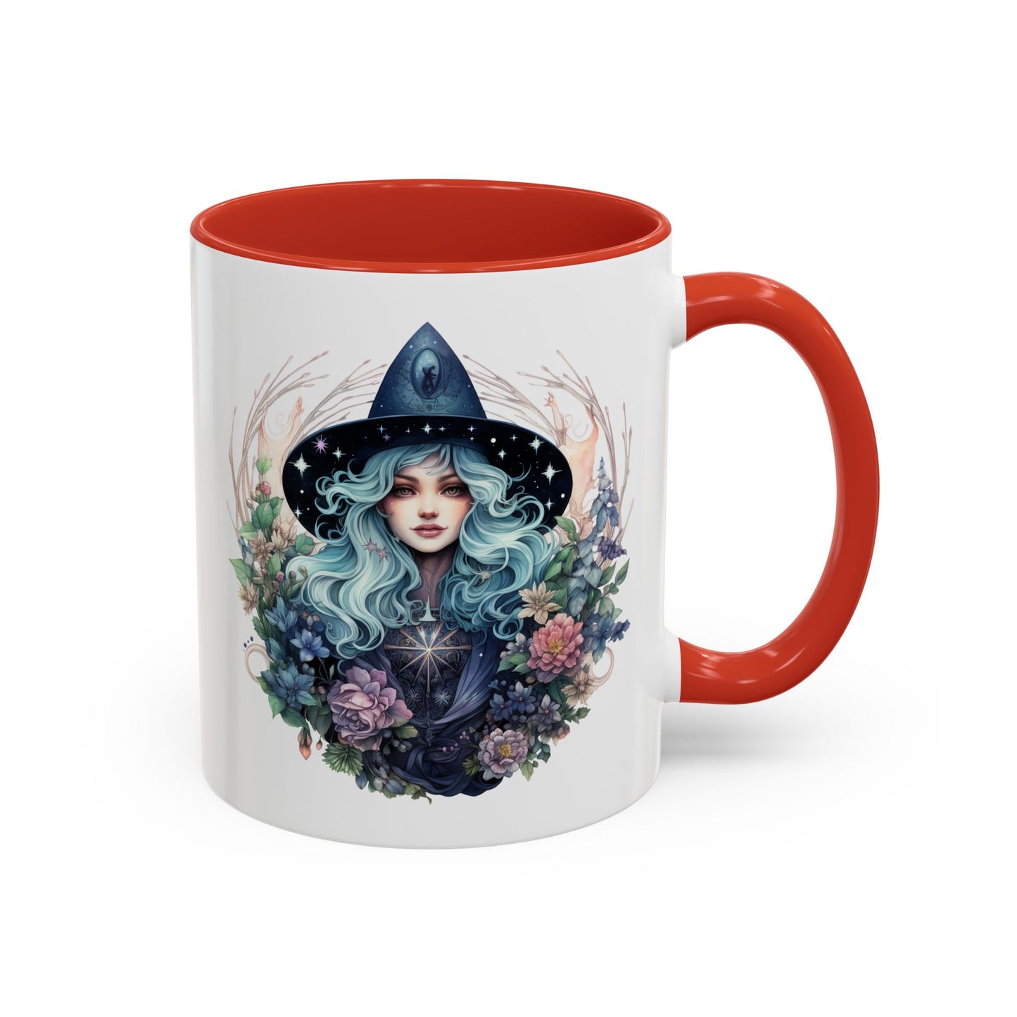 Mystical Floral Witch Coffee Mug with Accent, Gift for Witches, Unique Boho Kitchen Decor, Tea Lover's Mug, Magical Drinkware