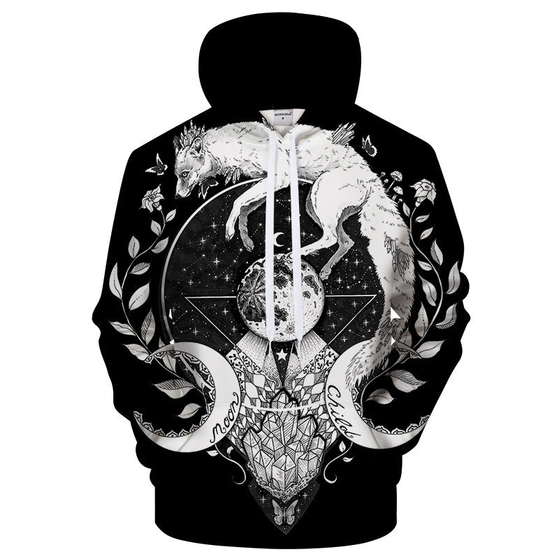 Flower-shaped Wolf Print European And American Couple Sweater With Hood