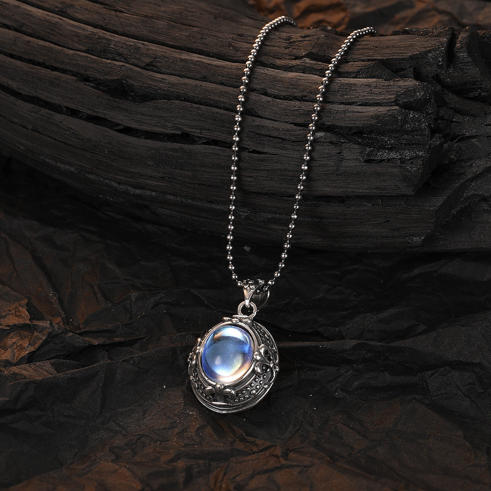S925 Sterling Silver Vintage Cross Moonstone Necklace Women's High Sense Thailand Silver Pendant Personalized Jewelry