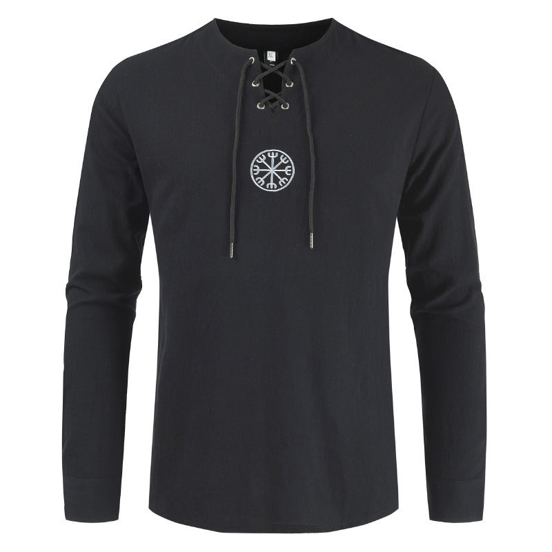 Cotton and linen printed solid color large size medieval shirt