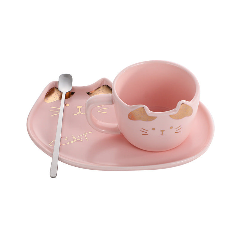 Dessin animé chat tasse et ensemble de vaisselle, tasse à café et tasse