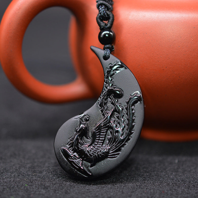 Obsidian Dragon Phoenix Pair Pendant For Lovers