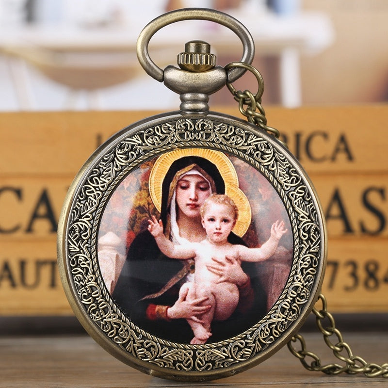 Grande Montre De Poche Avec la Vierge Marie Et Jésus Motif