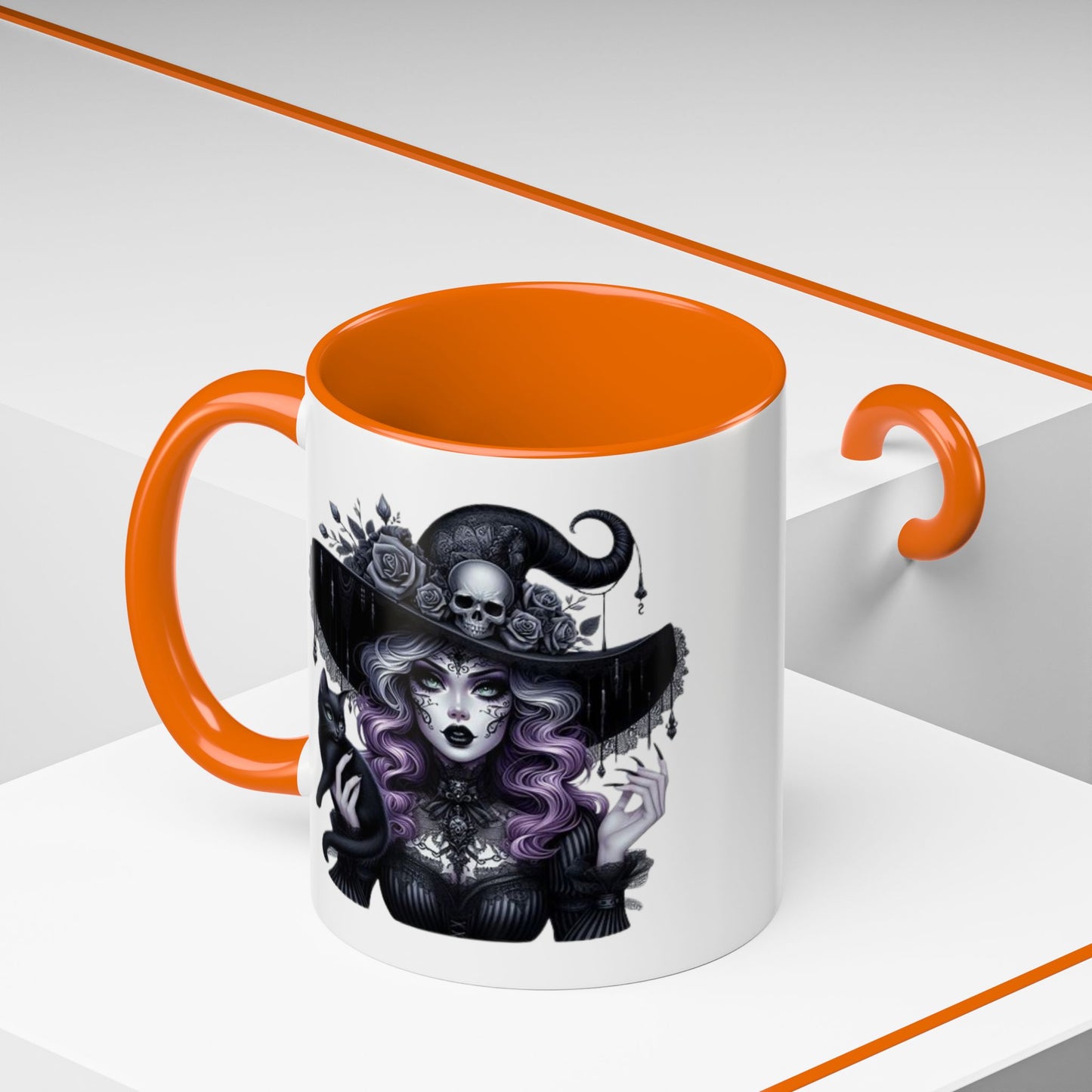 Witchy Accent Coffee Mug: Enchanting Black Cat & Skull Design, Spooky Gift for Halloween, Witchcraft Lover, Home Decor, Coffee Lover