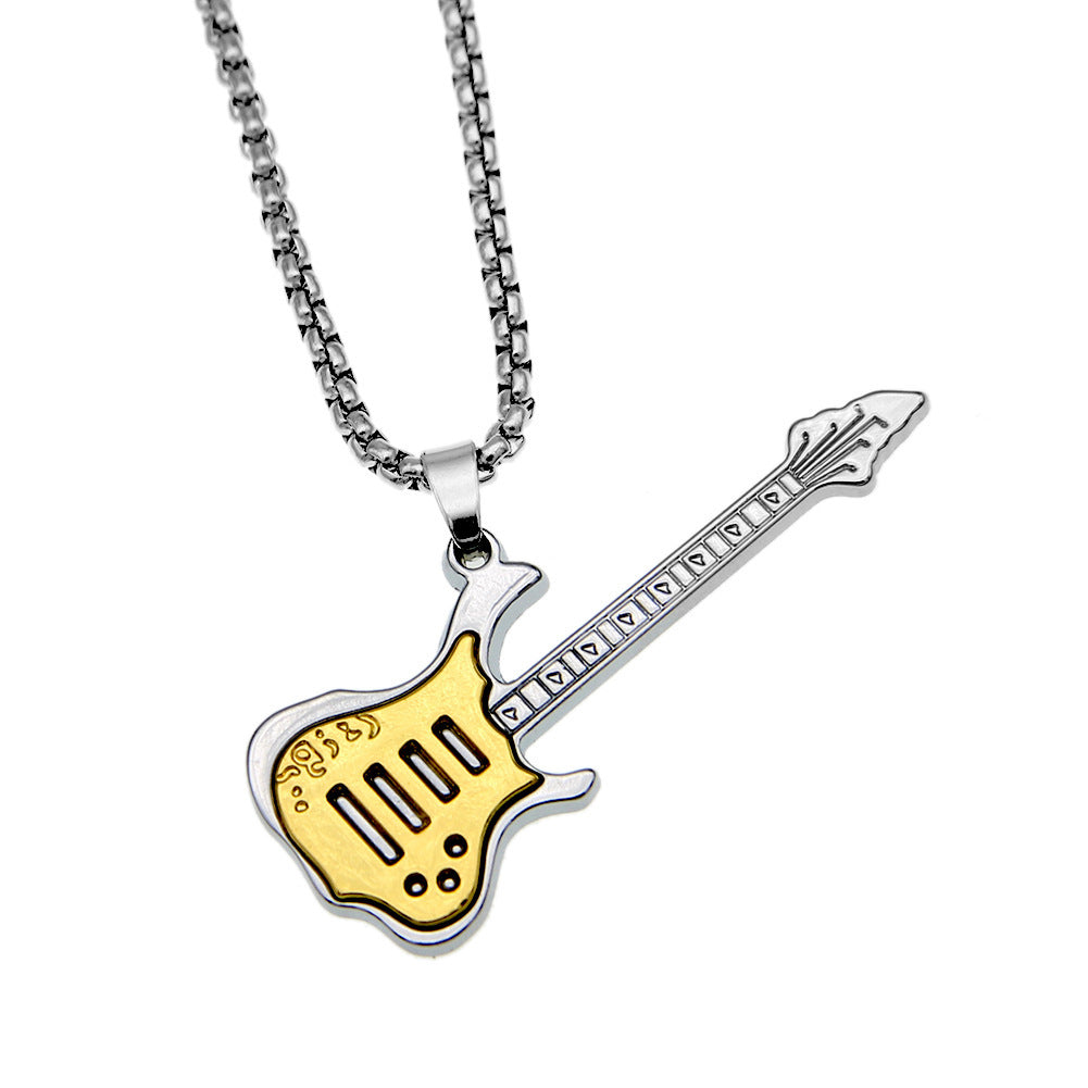 Collier en forme de guitare gothique en acier titane à 2 couches pour hommes