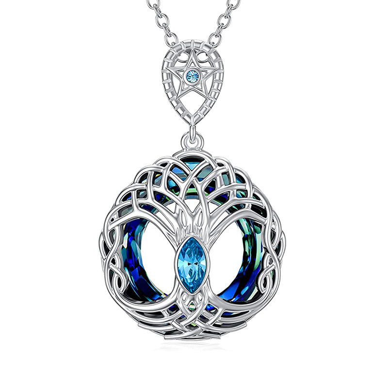 Celtic Tree Of Life Pendant Necklace Blue Circle Crystal Crann Bethadh Necklace