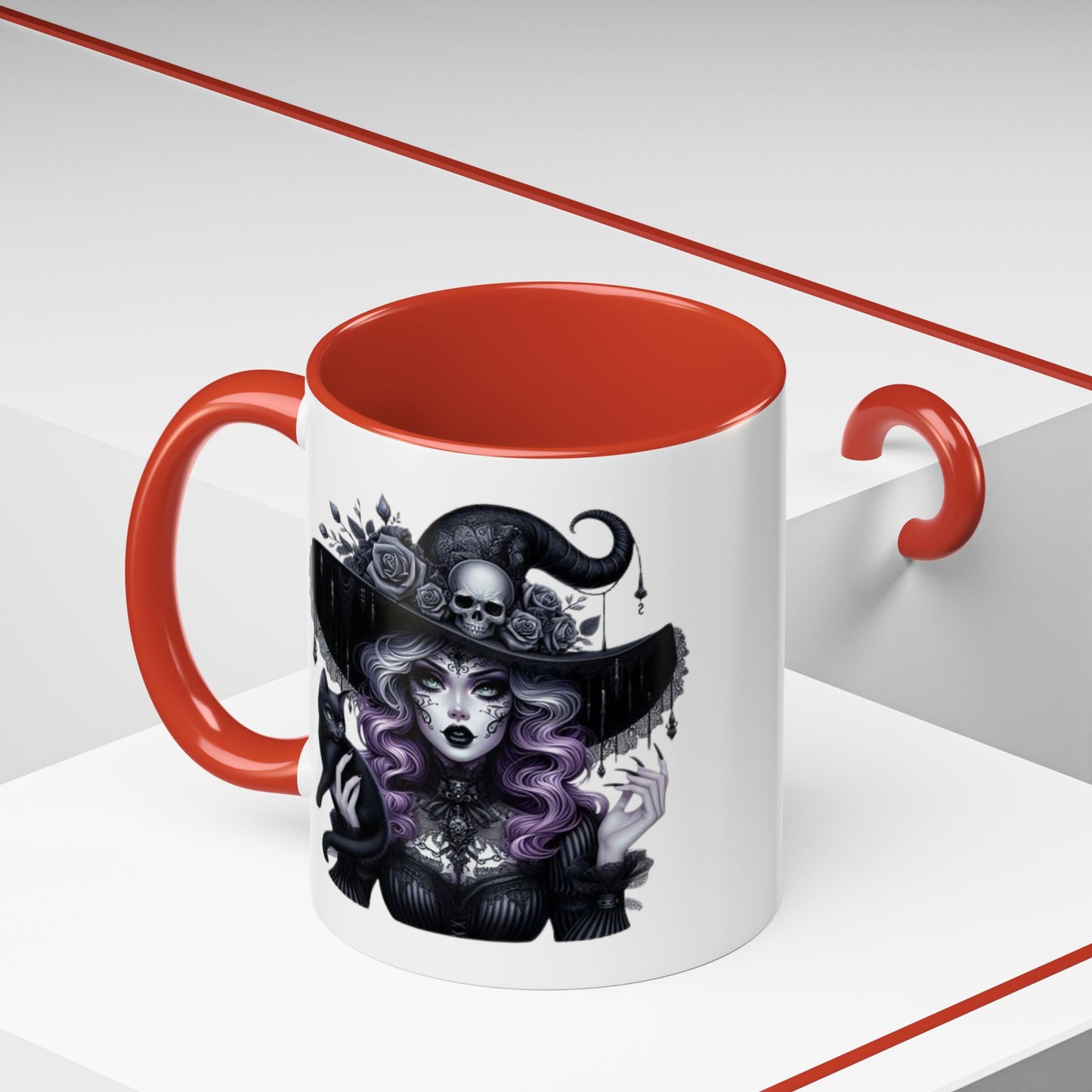 Witchy Accent Coffee Mug: Enchanting Black Cat & Skull Design, Spooky Gift for Halloween, Witchcraft Lover, Home Decor, Coffee Lover