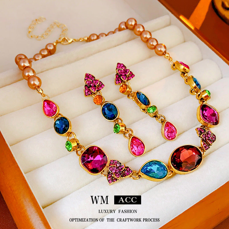 Retro High-grade French Color Diamond Water Drop Flower Earrings