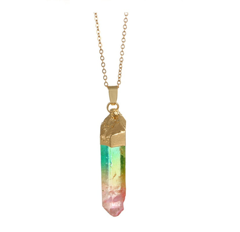 Original stone cylindrical mixed color crystal gold rim single ring pendant necklace