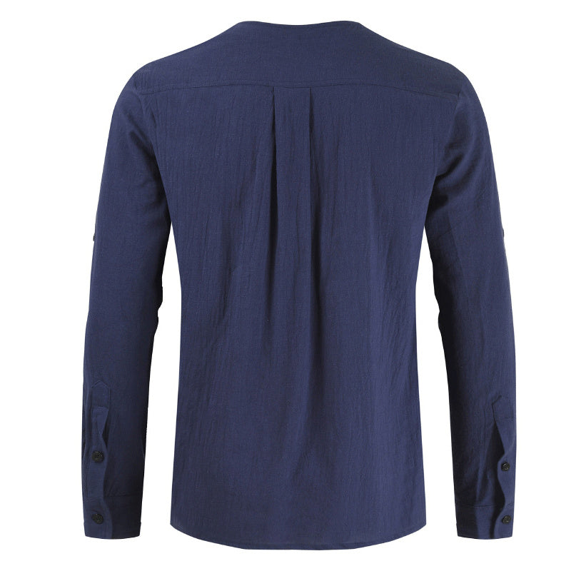 Cotton and linen printed solid color large size medieval shirt