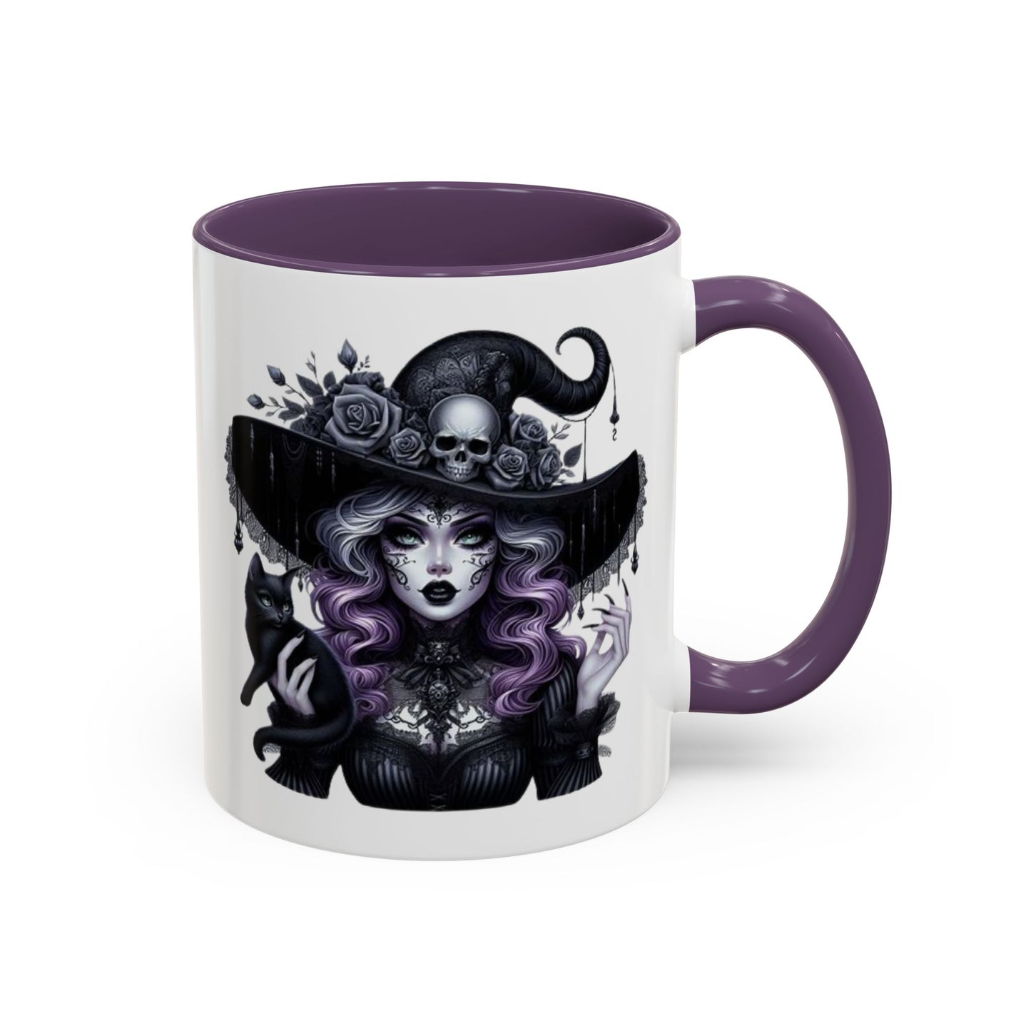 Witchy Accent Coffee Mug: Enchanting Black Cat & Skull Design, Spooky Gift for Halloween, Witchcraft Lover, Home Decor, Coffee Lover