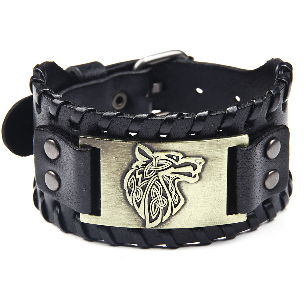 Men's Wolf Head Wide Leather Bracelet