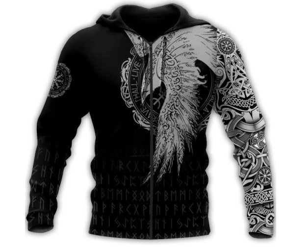 3D Sweater Crow Viking Zipper Print Coat
