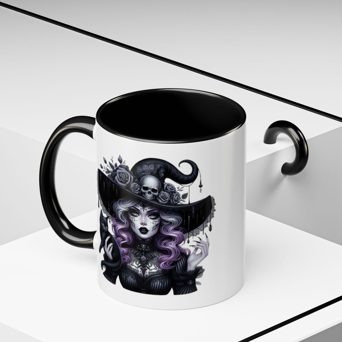 Witchy Accent Coffee Mug: Enchanting Black Cat & Skull Design, Spooky Gift for Halloween, Witchcraft Lover, Home Decor, Coffee Lover