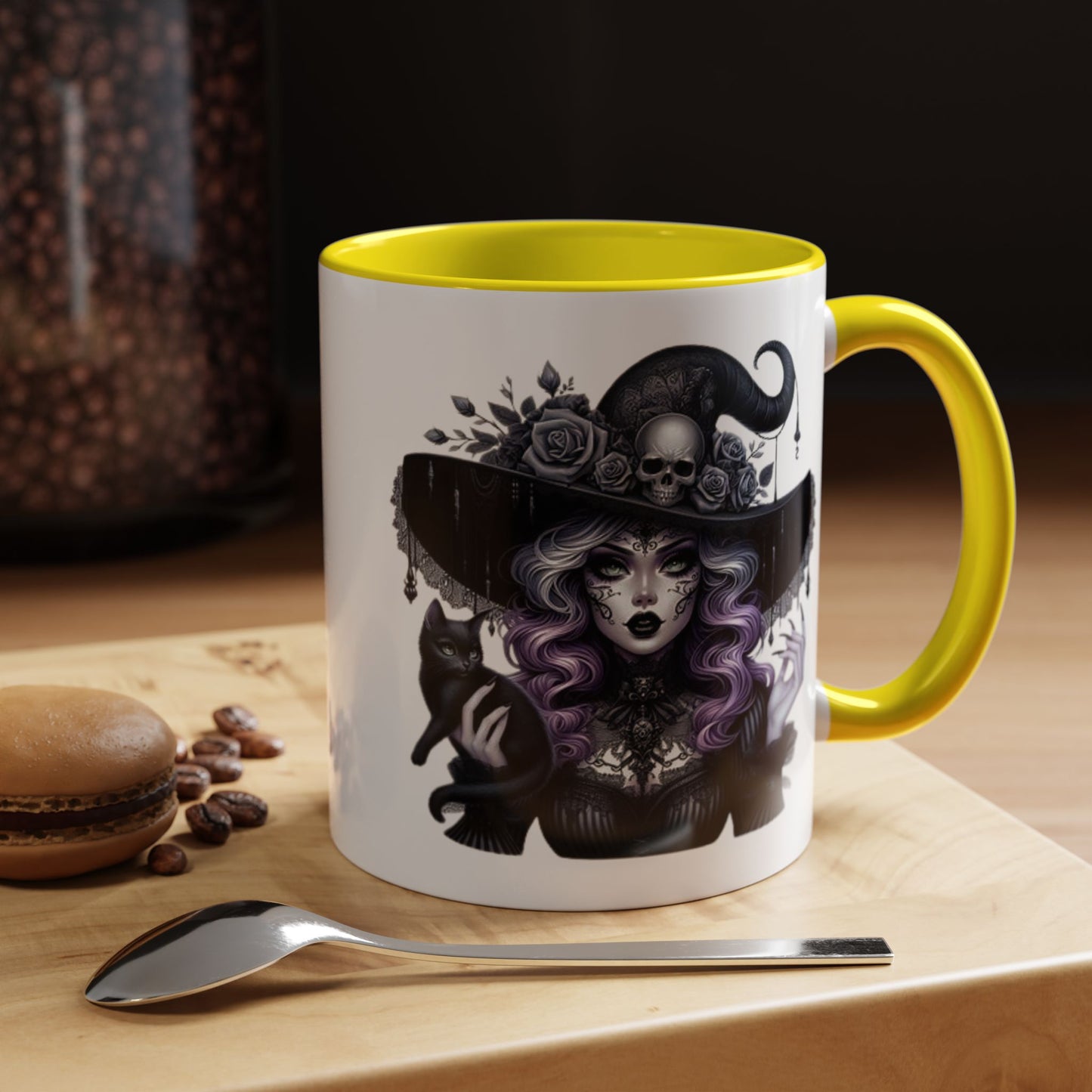 Witchy Accent Coffee Mug: Enchanting Black Cat & Skull Design, Spooky Gift for Halloween, Witchcraft Lover, Home Decor, Coffee Lover