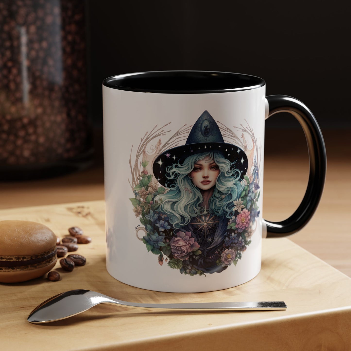 Mystical Floral Witch Coffee Mug with Accent, Gift for Witches, Unique Boho Kitchen Decor, Tea Lover's Mug, Magical Drinkware