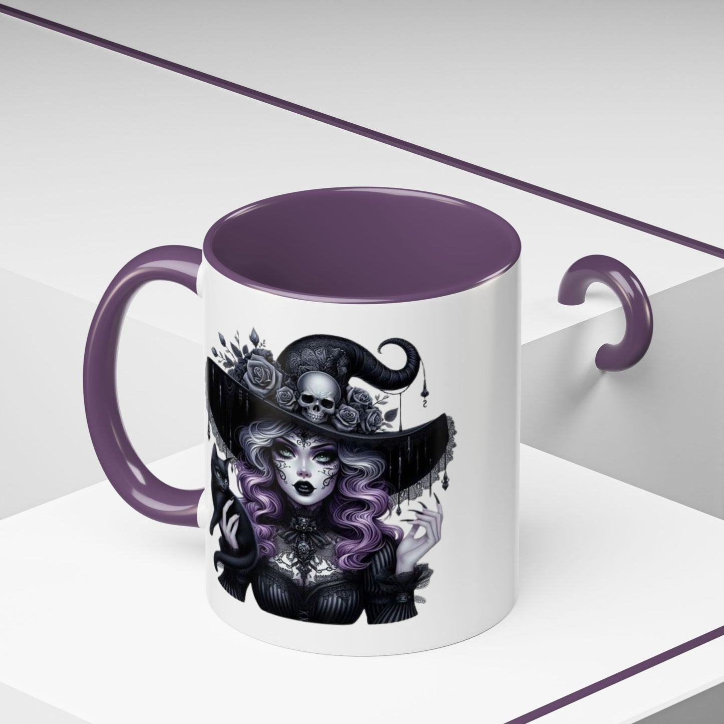 Witchy Accent Coffee Mug: Enchanting Black Cat & Skull Design, Spooky Gift for Halloween, Witchcraft Lover, Home Decor, Coffee Lover