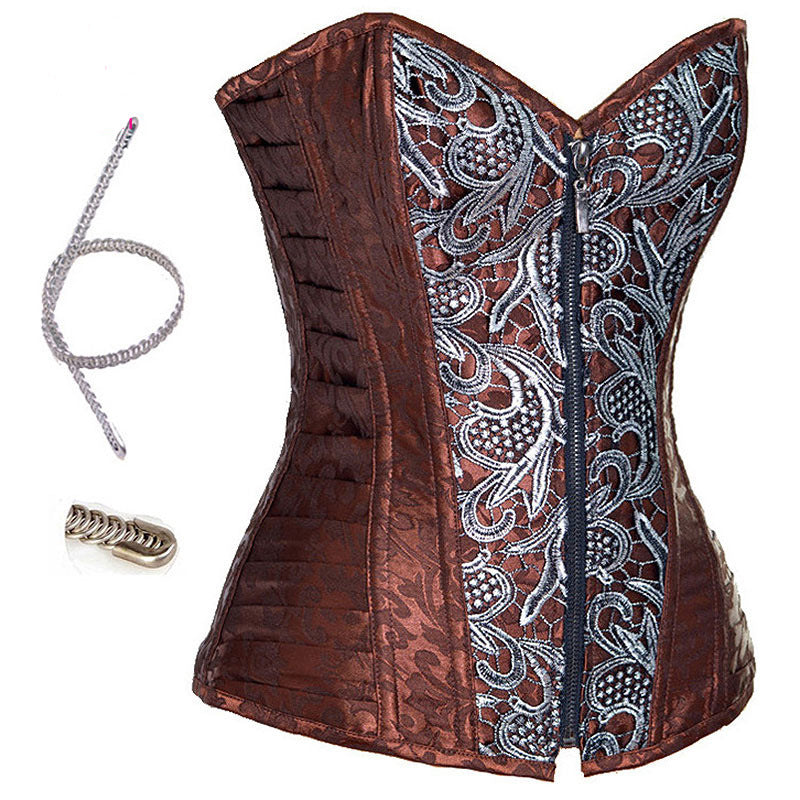 European And American Brown Pattern Zipper Lace-up Corset