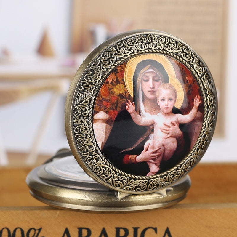 Grande Montre De Poche Avec la Vierge Marie Et Jésus Motif