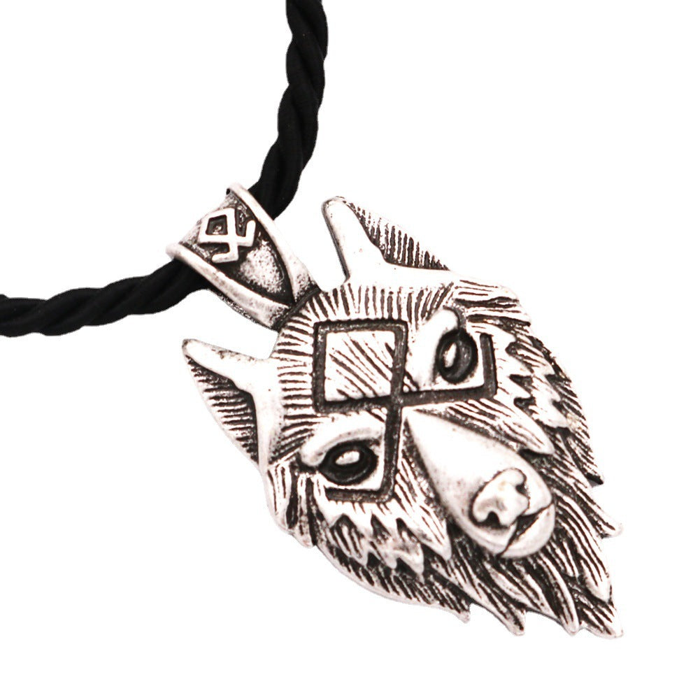 Viking Wolf Head Metal Necklace Luna Rune Amulet