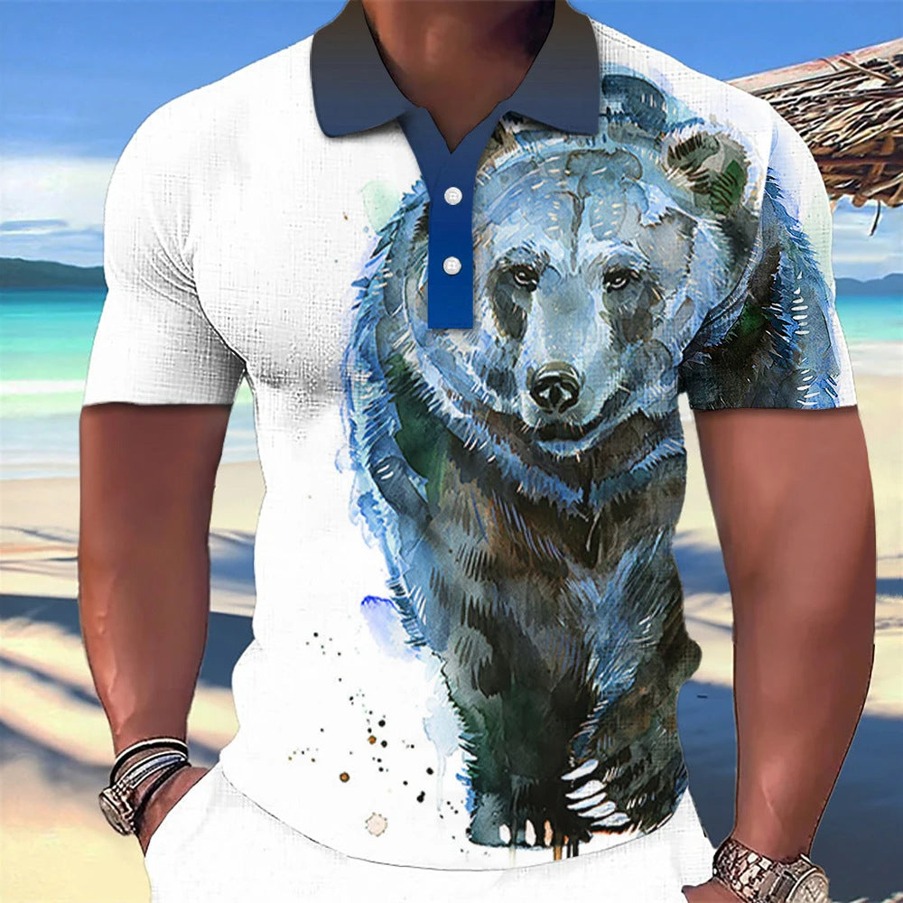3D Wolf Printed Casual Short-sleeved Street Hip-hop T-shirt Breathable Pullover Men's Polo Shirt