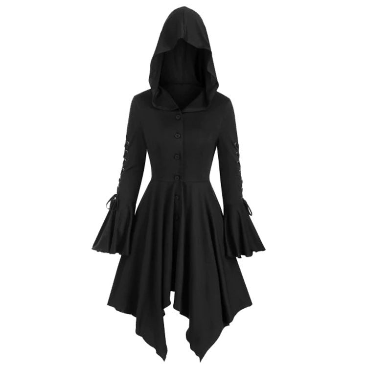 Vintage Female Gothic Hooded Dress Cloak Punk Witch Coat Lace Up Irregular Hem Lotus Sleeve