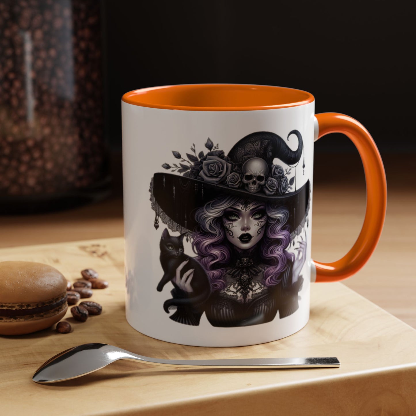 Witchy Accent Coffee Mug: Enchanting Black Cat & Skull Design, Spooky Gift for Halloween, Witchcraft Lover, Home Decor, Coffee Lover