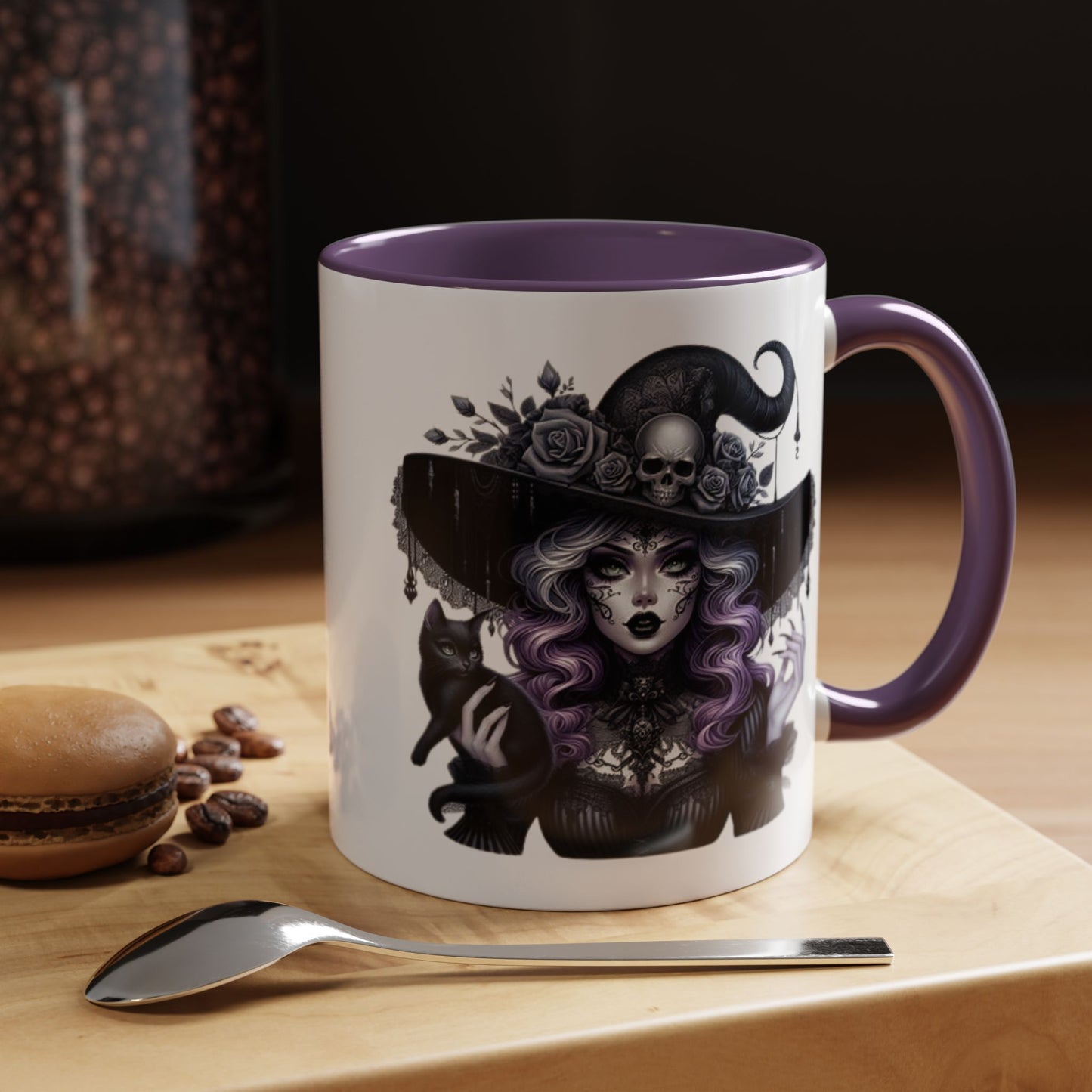 Witchy Accent Coffee Mug: Enchanting Black Cat & Skull Design, Spooky Gift for Halloween, Witchcraft Lover, Home Decor, Coffee Lover