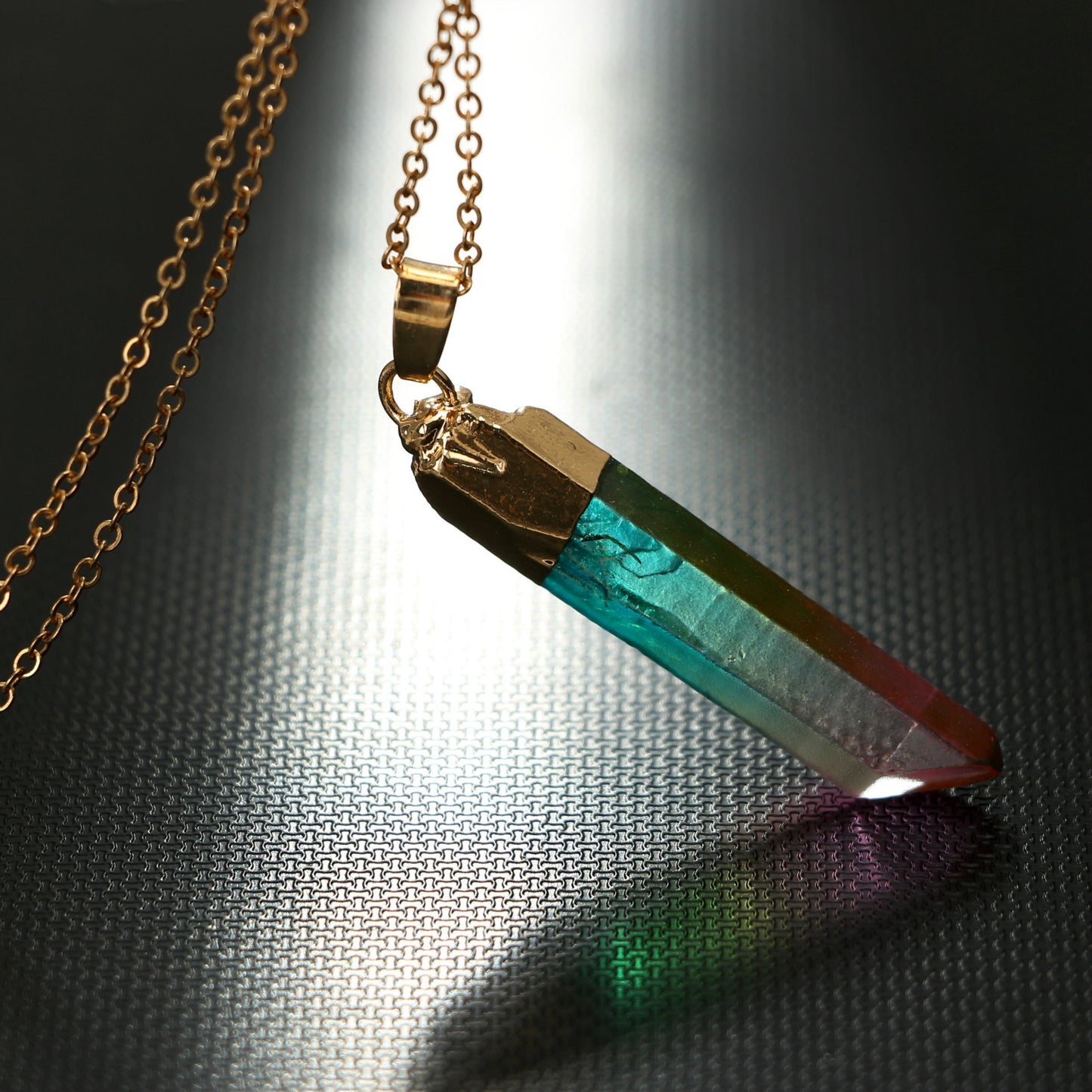 Original stone cylindrical mixed color crystal gold rim single ring pendant necklace