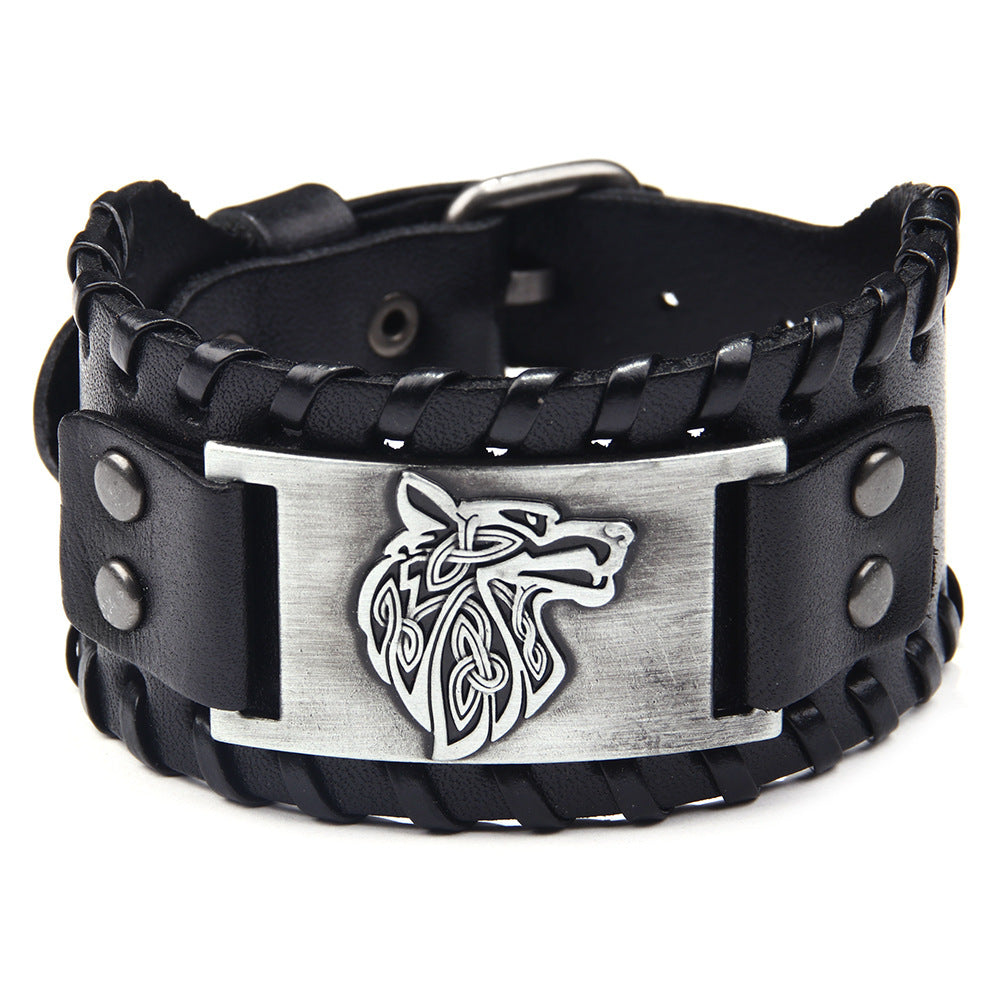Men's Wolf Head Wide Leather Bracelet