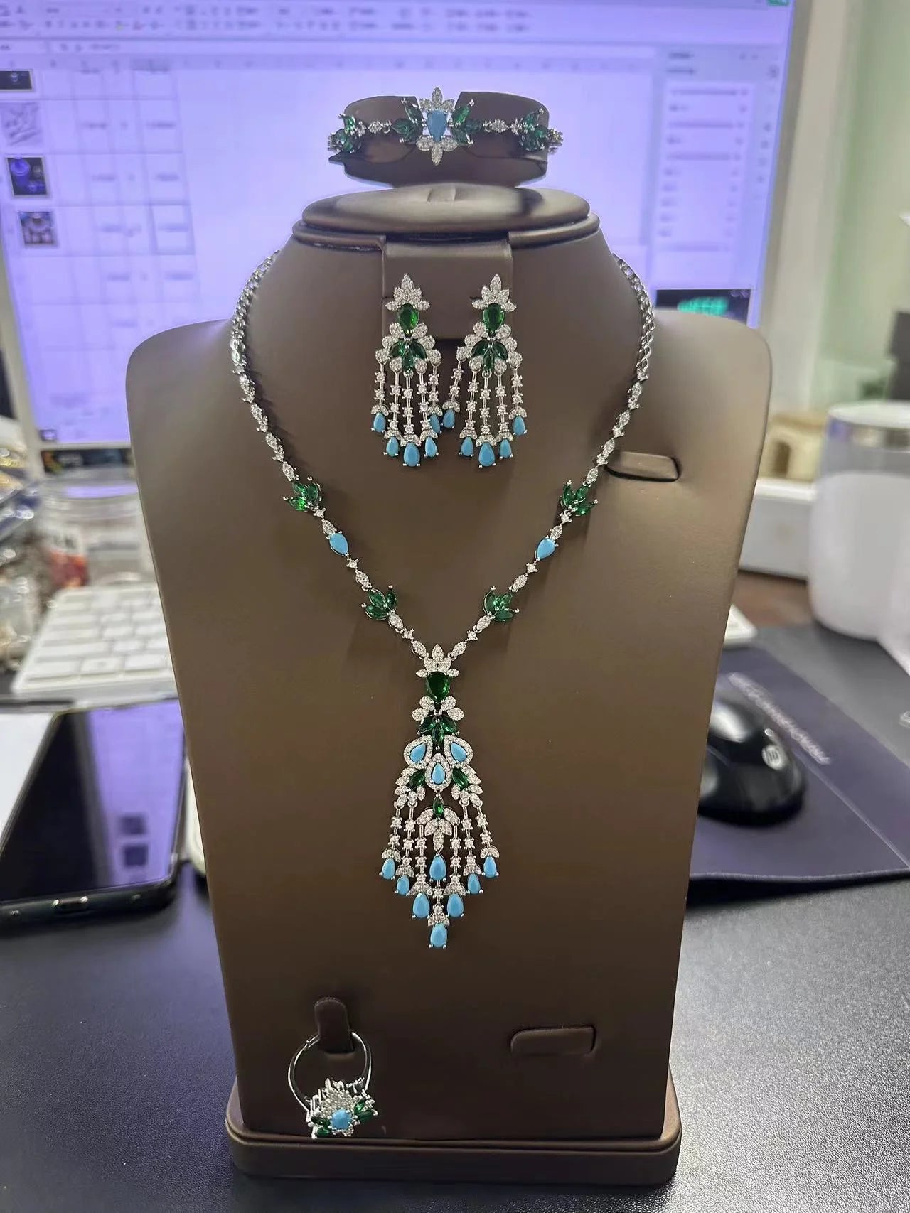 Ensemble de bijoux Turquoise dubaï exquis, pour mariage, fête de mariage, ensemble de 4 pièces d'accessoires, nouvelle collection 2025