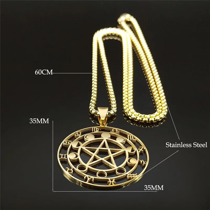 Collier Pentagramme en Acier Inoxydable pour Homme et Femme, 12 Constellations, Phase de Lune, Bijoux de la raq