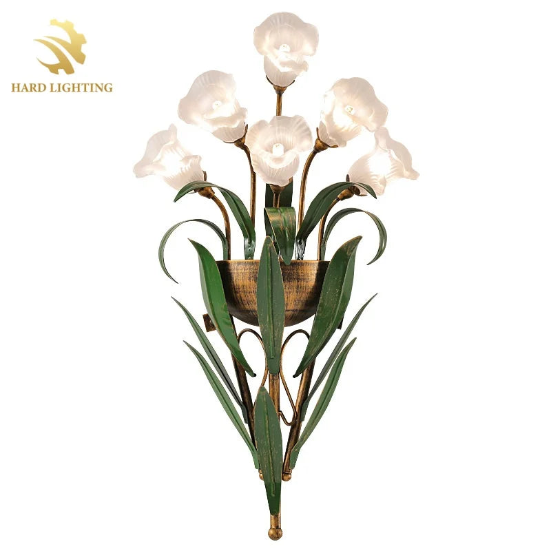 Artistic Flower Shaped LED Wall Light with Frosted Glass Shade Decorative Style for Living Room Background Iron Lamp Body