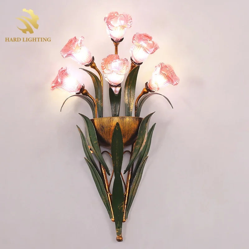 Artistic Flower Shaped LED Wall Light with Frosted Glass Shade Decorative Style for Living Room Background Iron Lamp Body