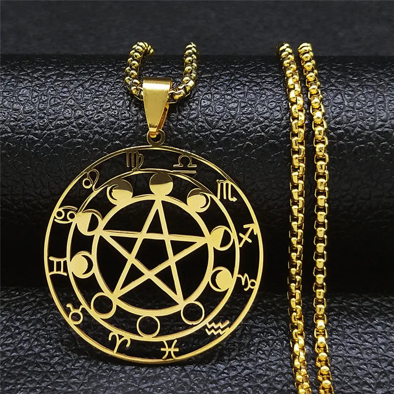Collier Pentagramme en Acier Inoxydable pour Homme et Femme, 12 Constellations, Phase de Lune, Bijoux de la raq