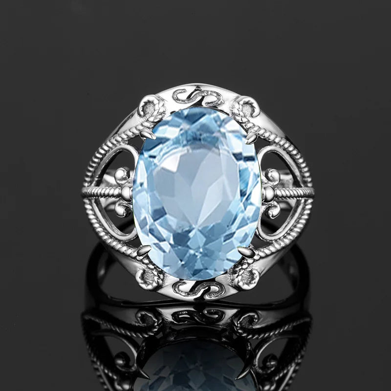 Bohemian 925 Silver Ring Round Blue Topaz Gemstone Crystal Prong Setting Sterling Silver Jewelry Rings Women