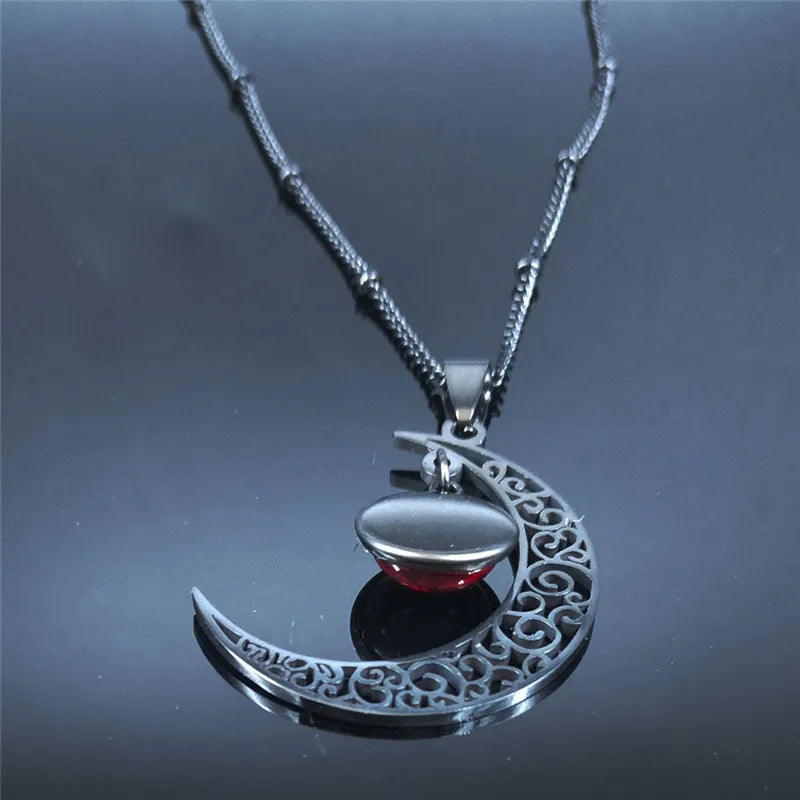 Collier Lune Noir en Acier Inoxydable pour Femme, Bijoux avec Perles de Classe Rouges