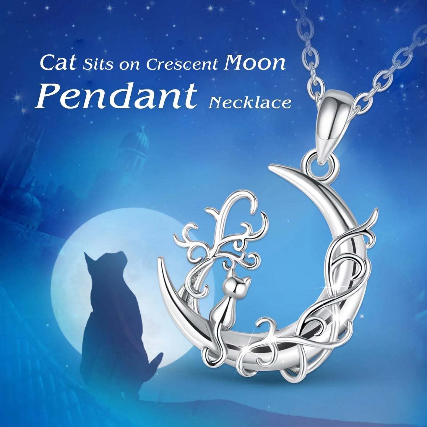 Eudora-Collier pendentif arbre de vie en argent regardé 925 pour homme et femme, chat mignon assis sur la lune, bijoux en argent fin, cadeau de fête