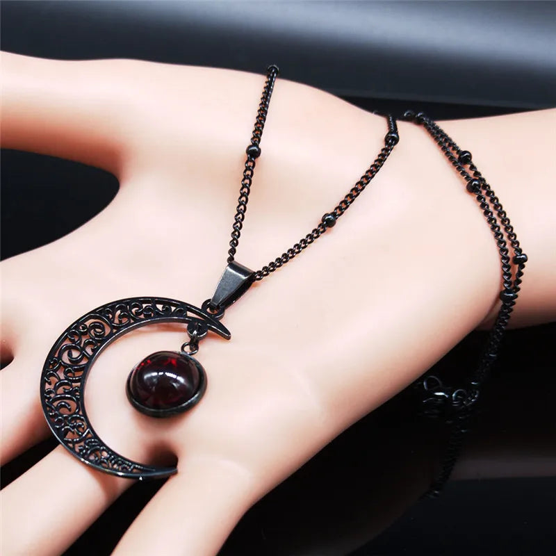 Collier Lune Noir en Acier Inoxydable pour Femme, Bijoux avec Perles de Classe Rouges
